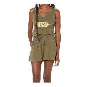 Calvin Klein Womens Romper Size M Sleeveless V Neck Drawstring  Olive Green‎